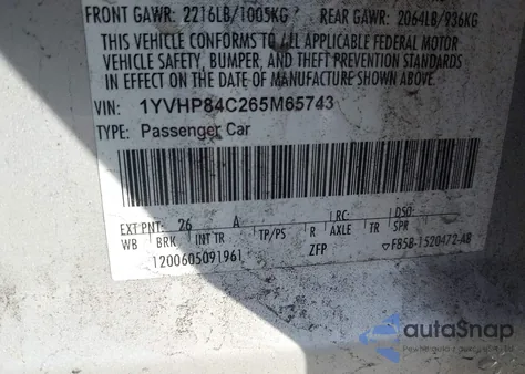 2006 Mazda Mazda6 I Sport из США, поврежденный, VIN 1YVHP84C265M65743